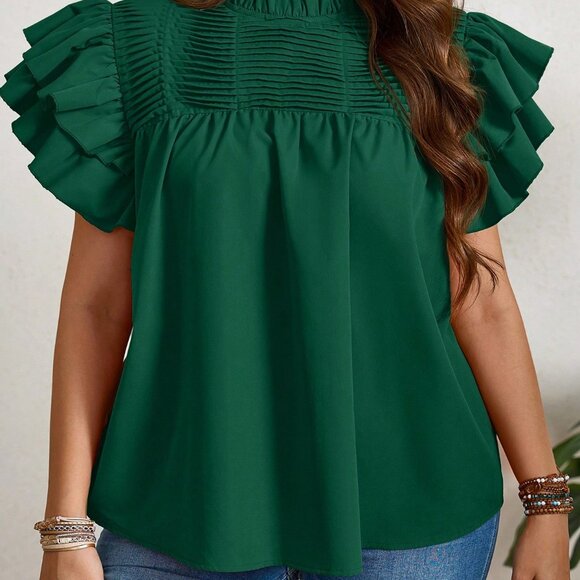 Dark Green Casual Women's Plus Size Ruffle Trim Blouse - Picture 3 of 6
